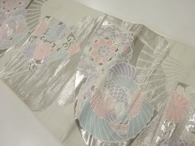 JAPANESE KIMONO / ANTIQUE FUKURO OBI / SILK / WOVEN FOLDING FAN & FLOWERS & BIRDS